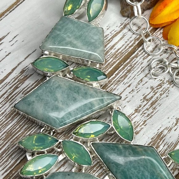 Awesome Amazonite Opalite Statement Necklace Handmade Large Gemstone 925 Silver - Picture 6 of 16